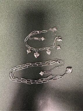 Stainless Steel Heart Charm Necklace and Bracelet Set